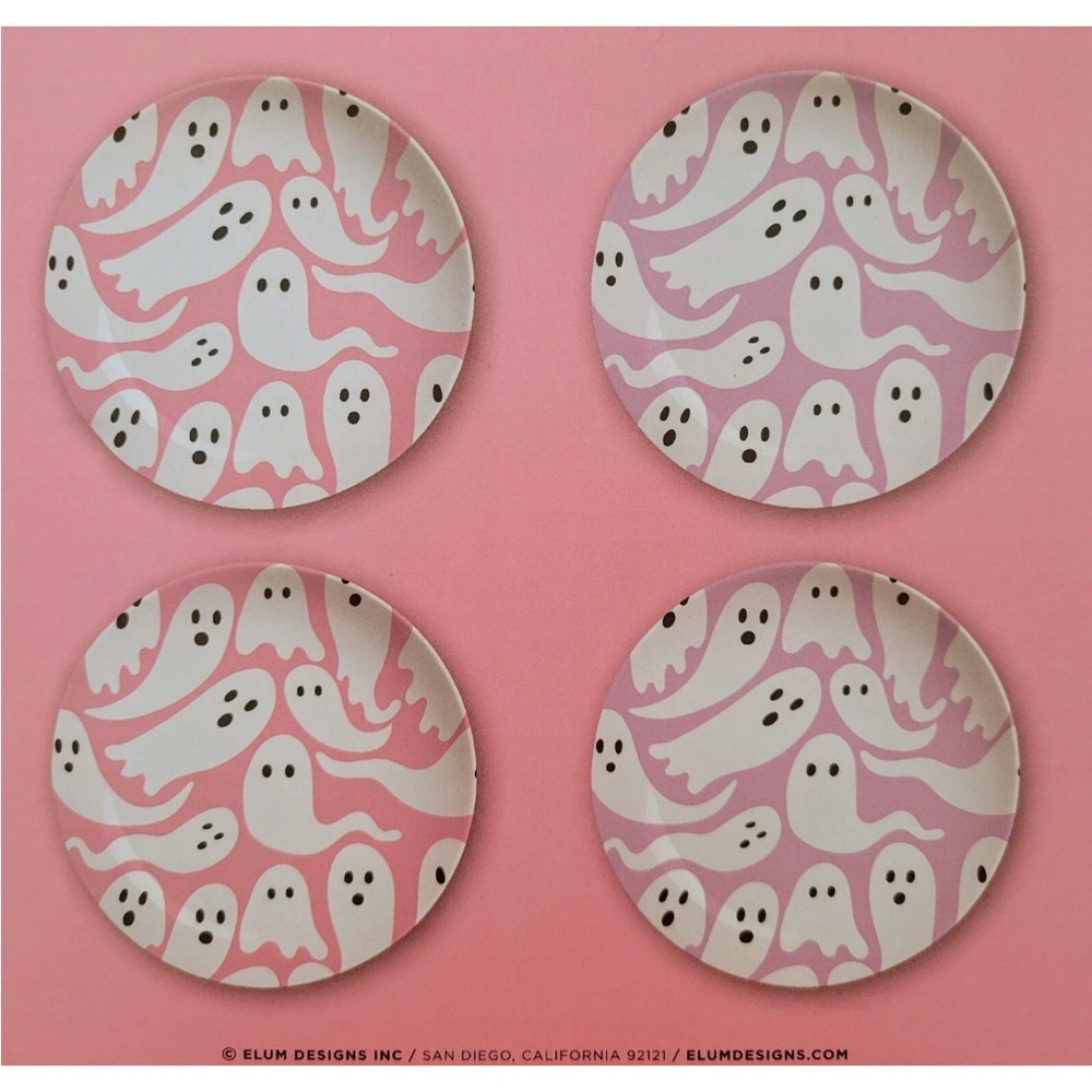 4 ct Elum Halloween Pink & Purple Ghosts Plates Appetizer Side Boxset